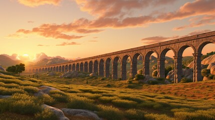 A historical aqueduct amidst rolling hills at the golden hour.