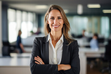 A smiling businesswoman standing in front of a camera with her arms crossed in a modern office.