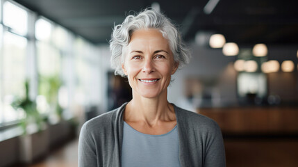 Fototapeta premium A smiling confident mature middle aged woman standing in a modern office.