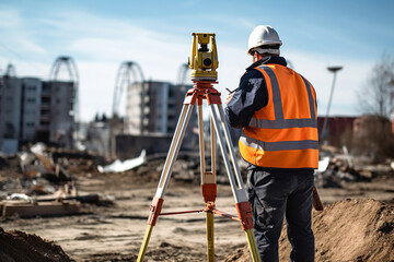A surveyor builder engineer with theodolite transit equipment at construction site outdoors during surveying work. - obrazy, fototapety, plakaty