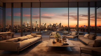 A luxury penthouse with floor-to-ceiling windows overlooking a city skyline.
