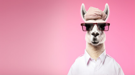 funny face Llama wearing sunglasses, and chef uniforms, blank space on the right. generative ai - obrazy, fototapety, plakaty