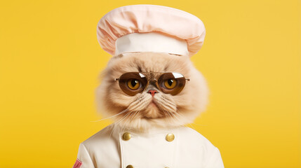 cute cat and a white chefs hat. persian peak nose cat wearing sunglasses chef uniforms generative ai - obrazy, fototapety, plakaty