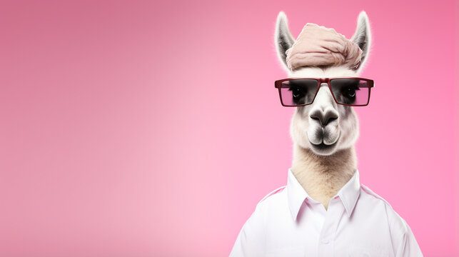 funny face Llama wearing sunglasses, and chef uniforms, blank space on the right. generative ai