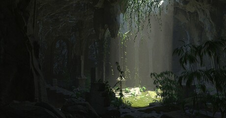 The ruins of an old abandoned temple with stone columns overgrown with green vegetation in the rays of bright sunlight from above. Mystical photorealistic 3D illustration.