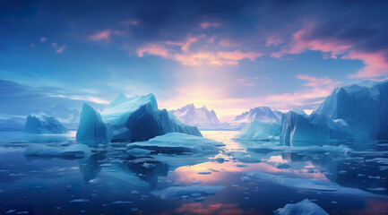 Icebergs and ice floes on the water at at sunset, stunning arctic landscape