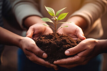 Close-up Plant in hands of business people for teamwork, support or environment Collaborating, growing, and investing in people and the soil for the future. - obrazy, fototapety, plakaty