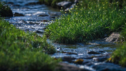 Fototapeta premium Small river (stream) in the evergreen forest. Crystal clear water, rocks, moss, fern, plants close-up. Natural textures. Atmospheric landscape. Pure nature, environment, ecology