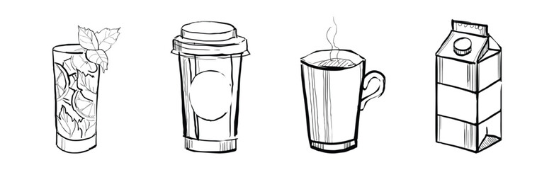 Different Drink and Beverage Hand Drawn Sketch Vector Set.
