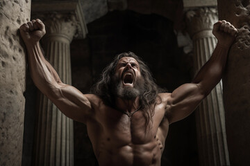 Long Haired Samson breaking the temple columns - muscular - blind - betray by Delilah