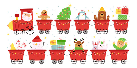 Christmas train set with cute holiday characters and accessories in wagon vector illustration © Mykola Syvak