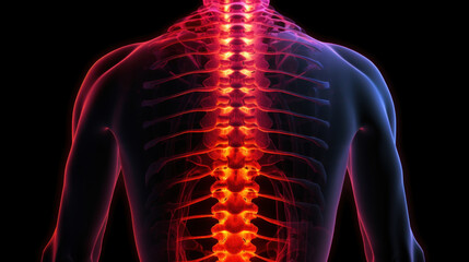 Fluorography of human spine visualising pain with red and orange colours.