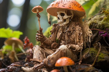 Skeleton sitting under mushroom umbrella on forest floor.