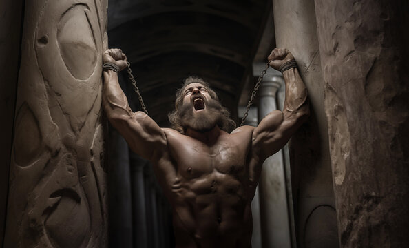 Samson breaking the temple columns - muscular - blind - betray by Delilah - Yelling in agony 