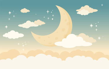 Children graphic illustration for nursery wall. Wallpaper design for kids room interior. Vector illustration with moon  in the sky © Iryna