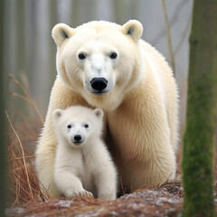 A large polar bear with a small cub. Snow. Beautiful background.