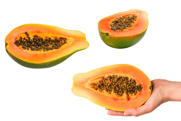 Papaya fruit isolated on a white background in woman hands. Half papaya.