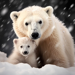 A large polar bear with a small cub. Snow. Beautiful background.