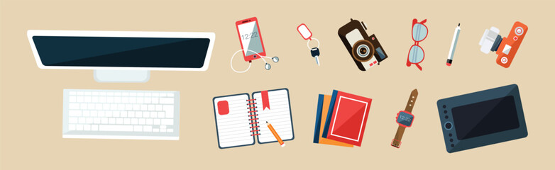 Desktop with Computer, Smartphone, Camera, Tablet, Glasses and Notepad Vector Set