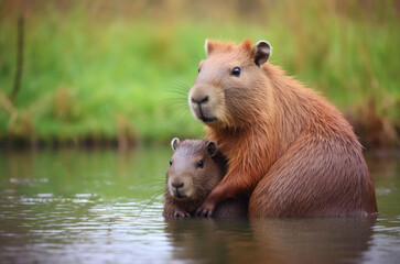 Capybara hugs capybara on the grass