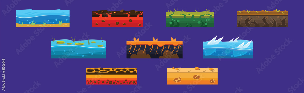 Poster different ground game platform level design vector set
