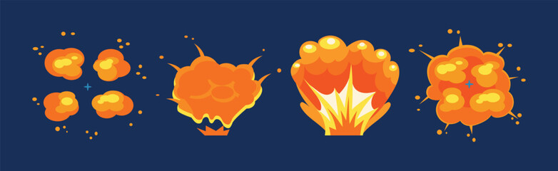 Bright Orange Dynamite or Bomb Explosion with Puff Effect Vector Set