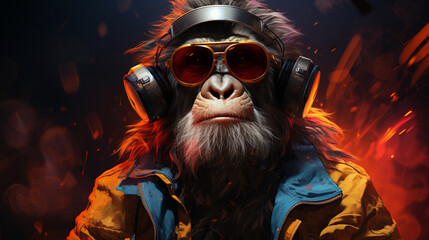 Bright monkey with headphones and sunglasses looks like Dj. generative ai - obrazy, fototapety, plakaty