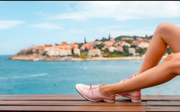 Feet of resting girl with glossy pale pink shoes on the wooden table and touristic resort city with coast and multiple houses in defocused background with copy space for advertising,Generative AI