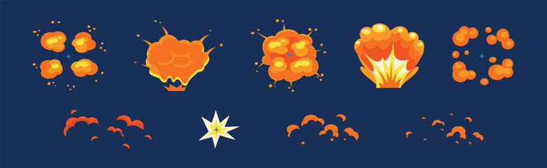 Bright Orange Dynamite or Bomb Explosion with Puff Effect Vector Set