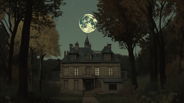 Scary house night moon sky halloween photography image AI generated art