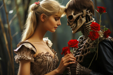 Human skeleton with red rose and flirtatious blonde girl. - obrazy, fototapety, plakaty