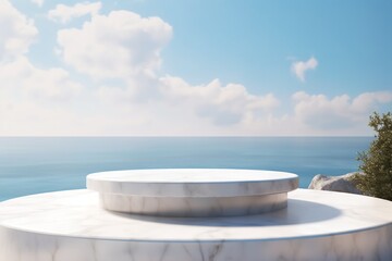 Fototapeta na wymiar 3d display marble podium with sea on background product presentation platform pedestal
