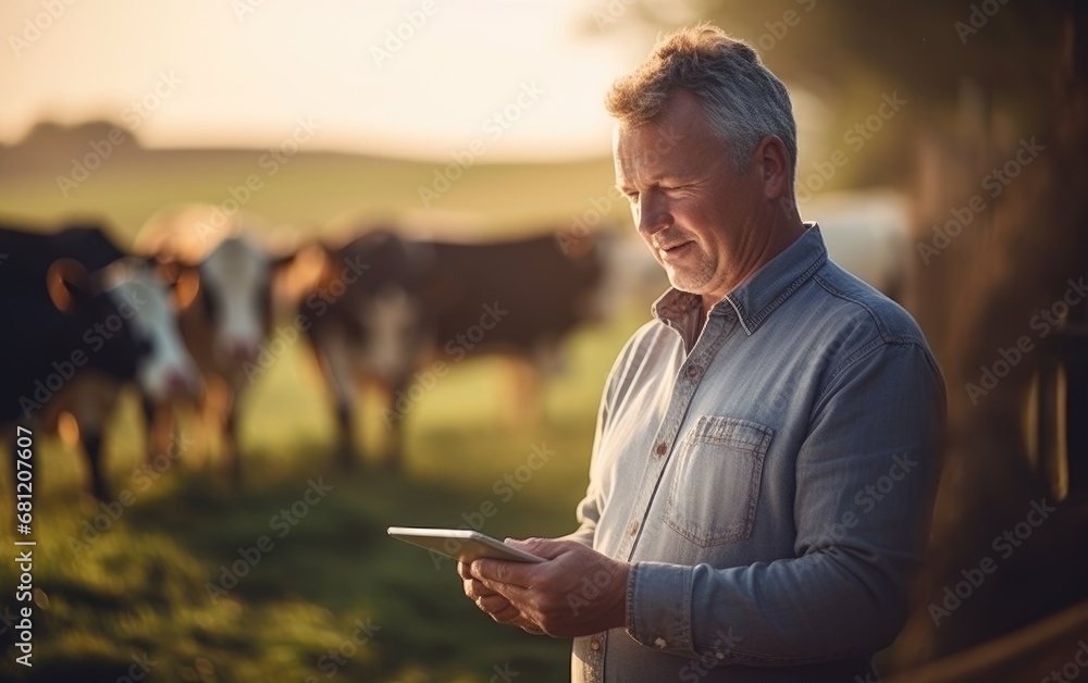 Wall mural farmer entrepreneur with a tablet, cattle or business owner