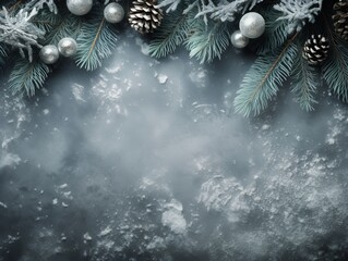 Christmas stone background with snow fir tree.Top view with copy space