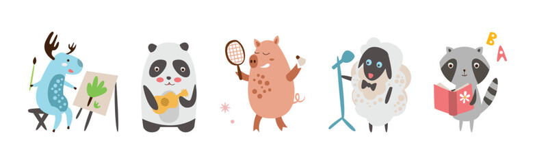 Cute Animal Character Engaged in Different Activities Vector Set