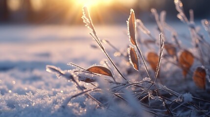 Winter season outdoors landscape, frozen plants in nature on the ground covered with ice and snow, under the morning sun. Seasonal background for Christmas wishes and greeting card - obrazy, fototapety, plakaty
