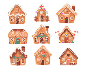 Gingerbread houses Christmas sweet cookies, glazed biscuits different design set vector Illustration