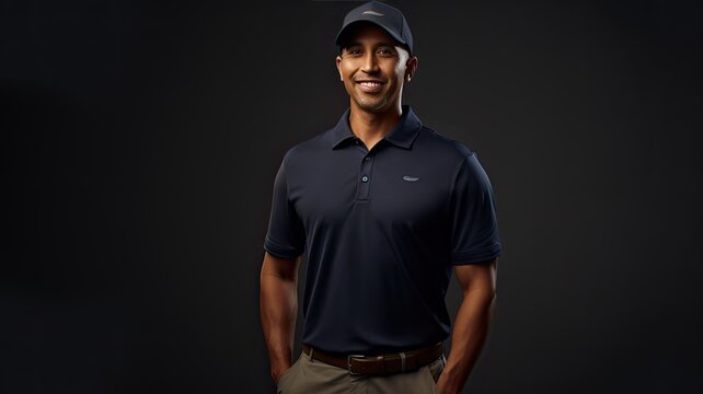 the professionalism and confidence of a clean-cut 30-year-old workman, on the individual wearing a navy golf shirt, standing with a sense of poise and readiness for the job at hand.