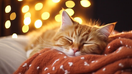 Lazy cat sleeps and yawns on soft woolen sweater on sofa Winter or autumn weekend. generative ai - obrazy, fototapety, plakaty