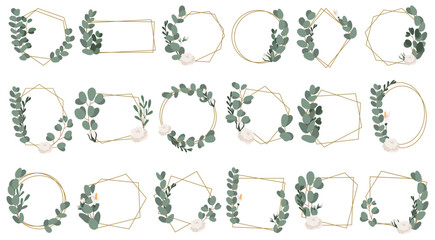 Herbal eucalyptus floral geometric frame background isolated set for invitation greeting design - obrazy, fototapety, plakaty