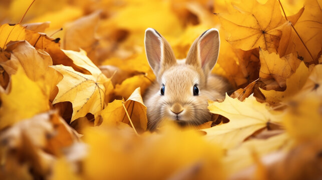 Little funny rabbit sitting in a pile of leaves in autumn. Charming domestic rabbit. generative ai