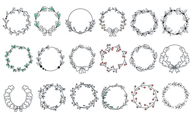 Christmas floral wreath decorative frame with berries, plant leaves spruce twigs vector illustration