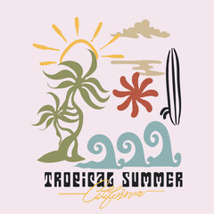  Tropical summer Boohoo Cartoon Elements in vector T-shirt Graphic, palm tree waves sun surfboard also text print in this design, modern hand drwn summer beach art - obrazy, fototapety, plakaty