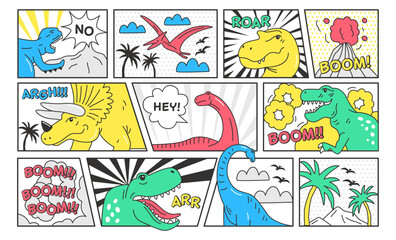 Trendy retro comics in pop art style with dinosaur vector illustration isolated sticker set