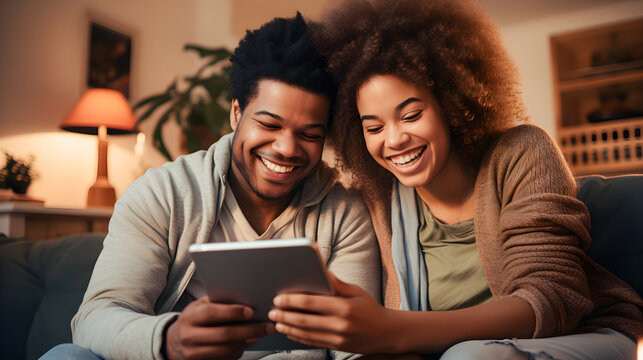 Happy African American couple laughing while watching a video on a tablet and relaxing on the couch at home.