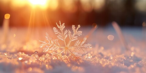 Fototapeta premium Winter season outdoors landscape, snowflake shape in nature on a forest ground covered with ice and snow, under the morning sun. Seasonal background for Christmas greeting card, New Year wishes