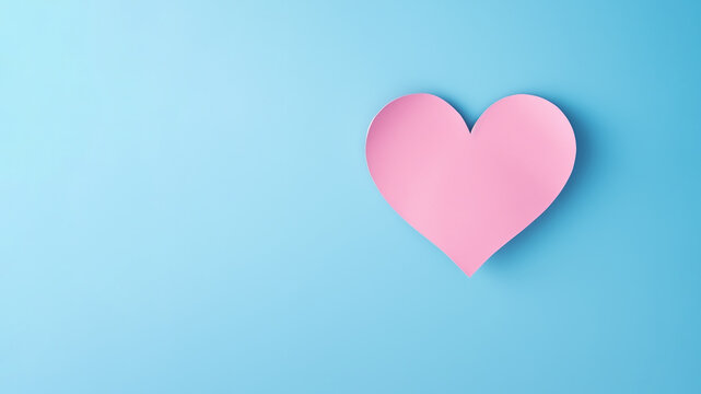 A pink paper heart is lying on a blue background, free space on the right, top view, generated with AI. 
