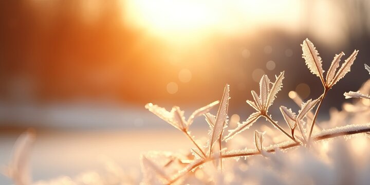 Winter season outdoors landscape, frozen plants in nature on the ground covered with ice and snow, under the morning sun. Seasonal background for Christmas wishes and greeting card
