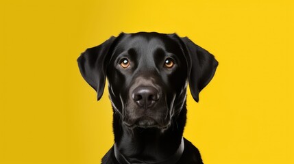 Close-up of cheerful Black Labrador on clean yellow backdrop.