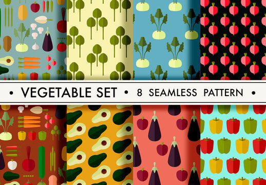 Mockup of 8 customizable repeatable patterns, vegetables
